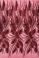Wavy Leaf Sequins Fabric - Burgundy - Wavy Lines and Leaves Design on Lace Mesh Fabric by Yard