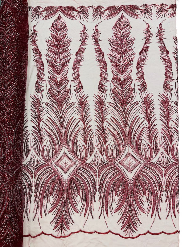 Beaded Lines Fabric - Burgundy - Luxury Beads and Sequins Line Design Fabric By Yard