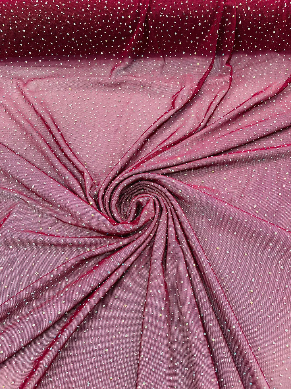 Power Mesh Polyester Rhinestone Fabric - Burgundy - 4 Way Stretch Power Mesh Fabric Crystal Stones By Yard