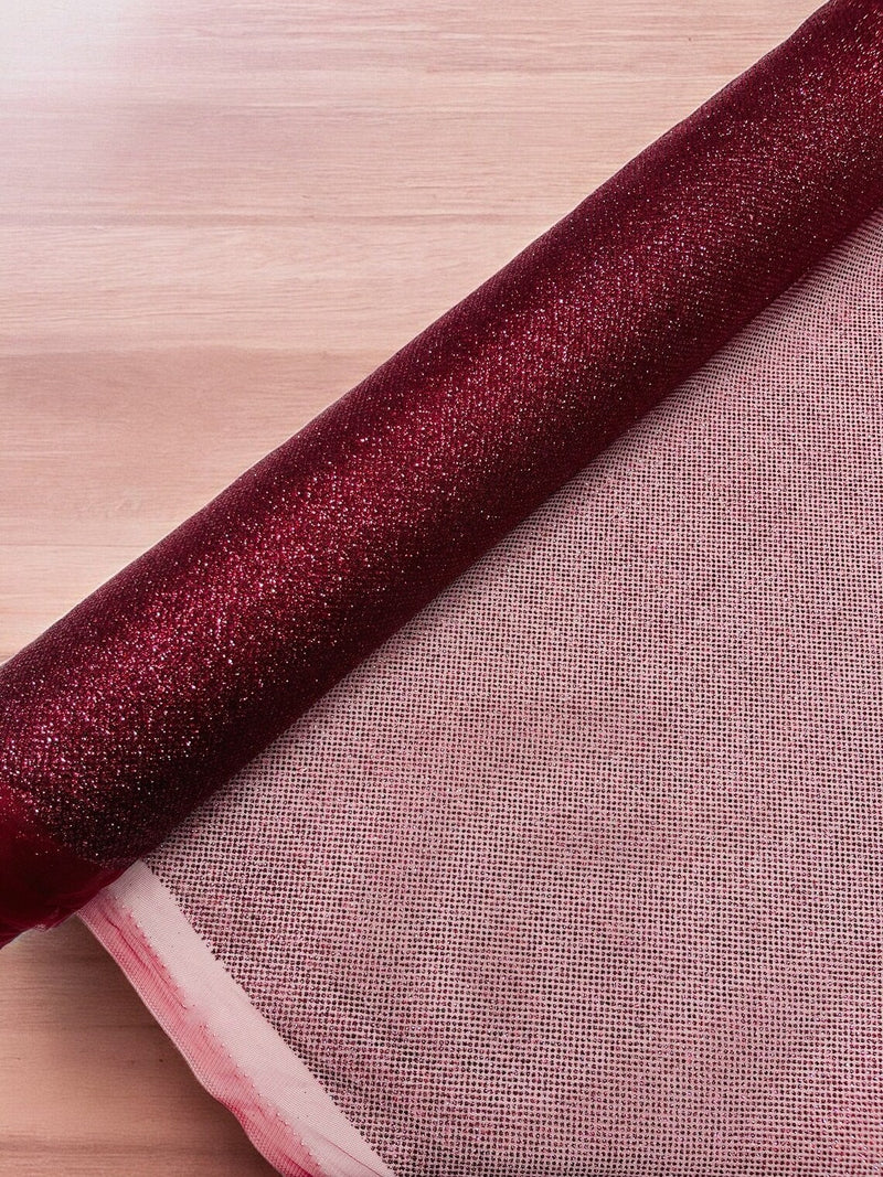 Shimmer Glitter Mesh Fabric - Burgundy - Shiny Glitter Dots Design on Lace Mesh Sold By Yard