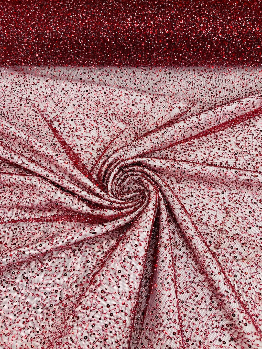 3D Beaded Mesh Fabric - Burgundy - Embroidered Beaded Lace Mesh Fabric with Small Sequins Sold By Yard