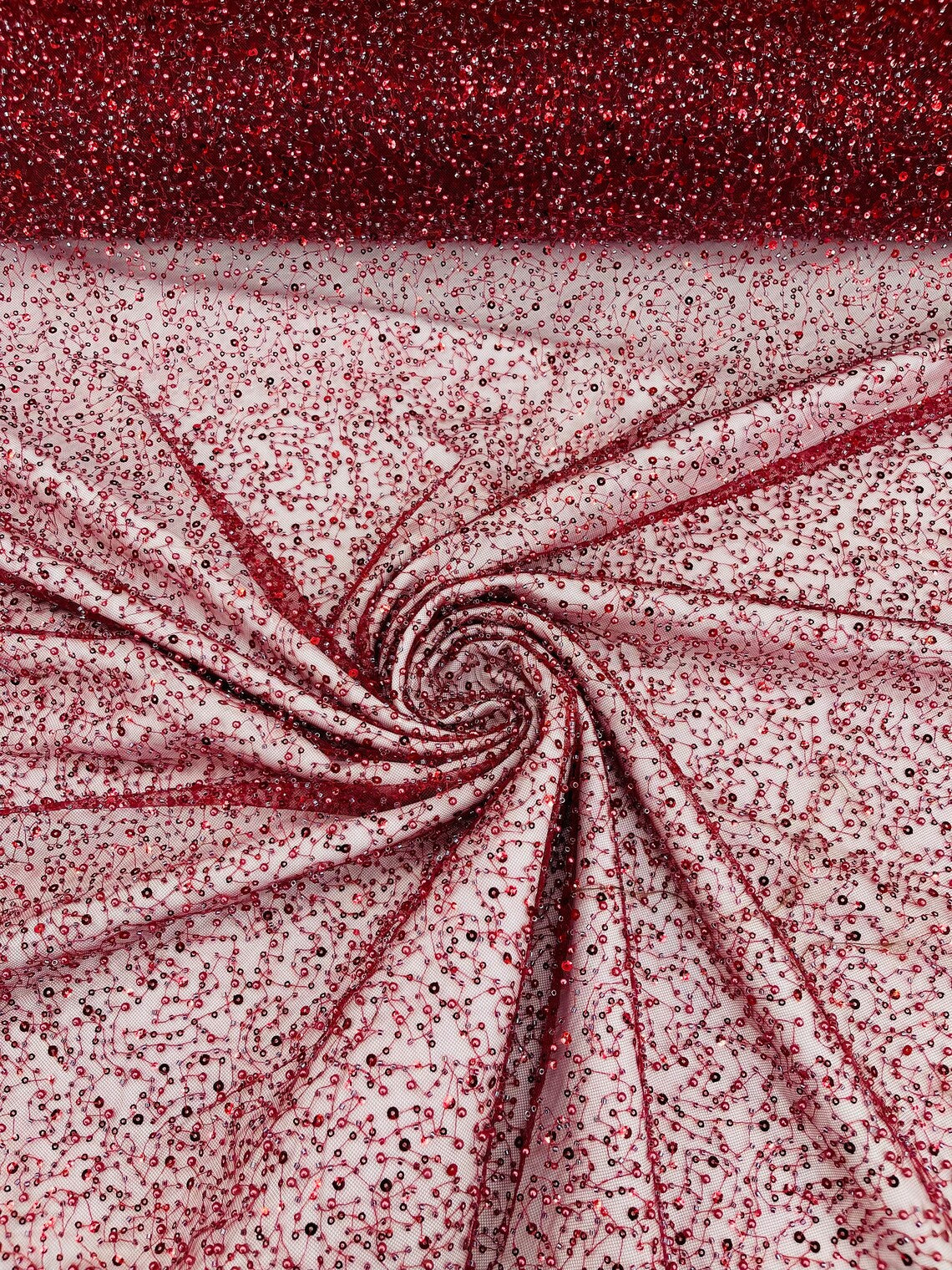3D Beaded Mesh Fabric - Burgundy - Embroidered Beaded Lace Mesh Fabric with Small Sequins Sold By Yard