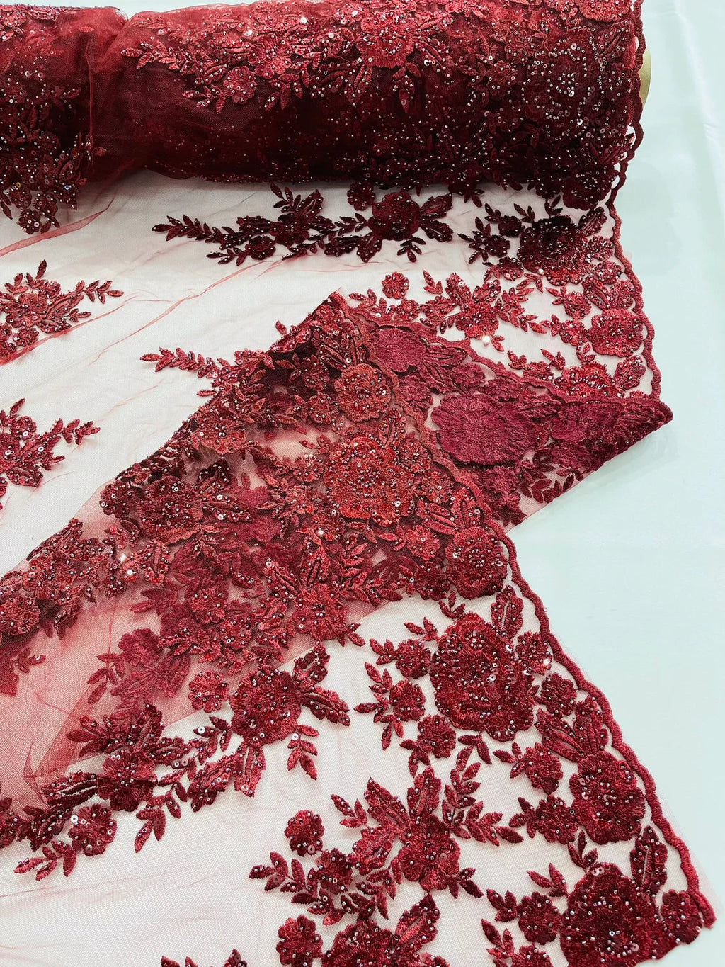 Beaded Rose Flower Fabric - Burgundy - Embroidered Beaded Long Border Floral Fabric By Yard