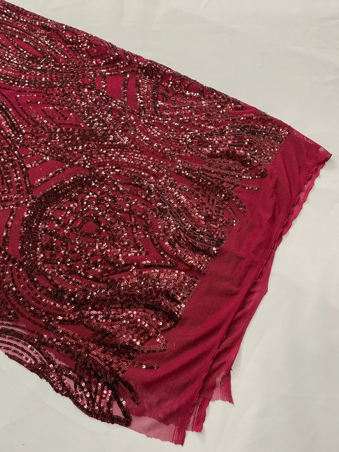 Long Wavy Pattern Sequins - Burgundy - 4 Way Stretch Sequins Fabric Line Design By Yard