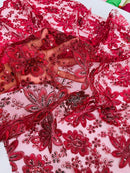 Corded Lace Floral Fabric - Burgundy - Hologram Sequins Metallic Thread Floral Fabric by Yard