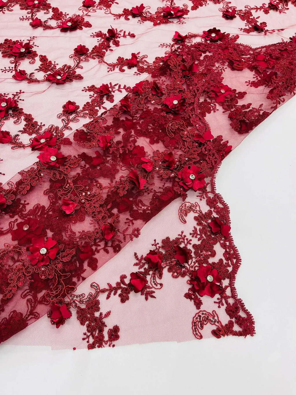 3D Lace Flower Fabric - Burgundy - Embroidered Sequins and 3D Floral Patterns on Lace By Yard