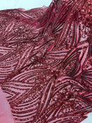 Curvy Line Design Fabric - Burgundy - 4 Way Stretch Sequins Design Mesh Lace Fabric by Yard
