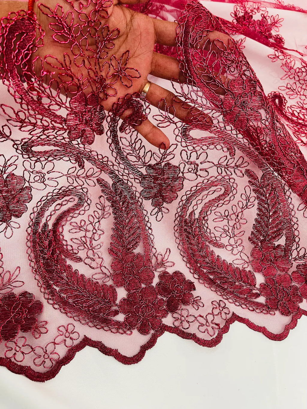 Metallic Corded Lace - Burgundy - Paisley Floral Fabric with Metallic Thread on a Mesh Lace By Yard