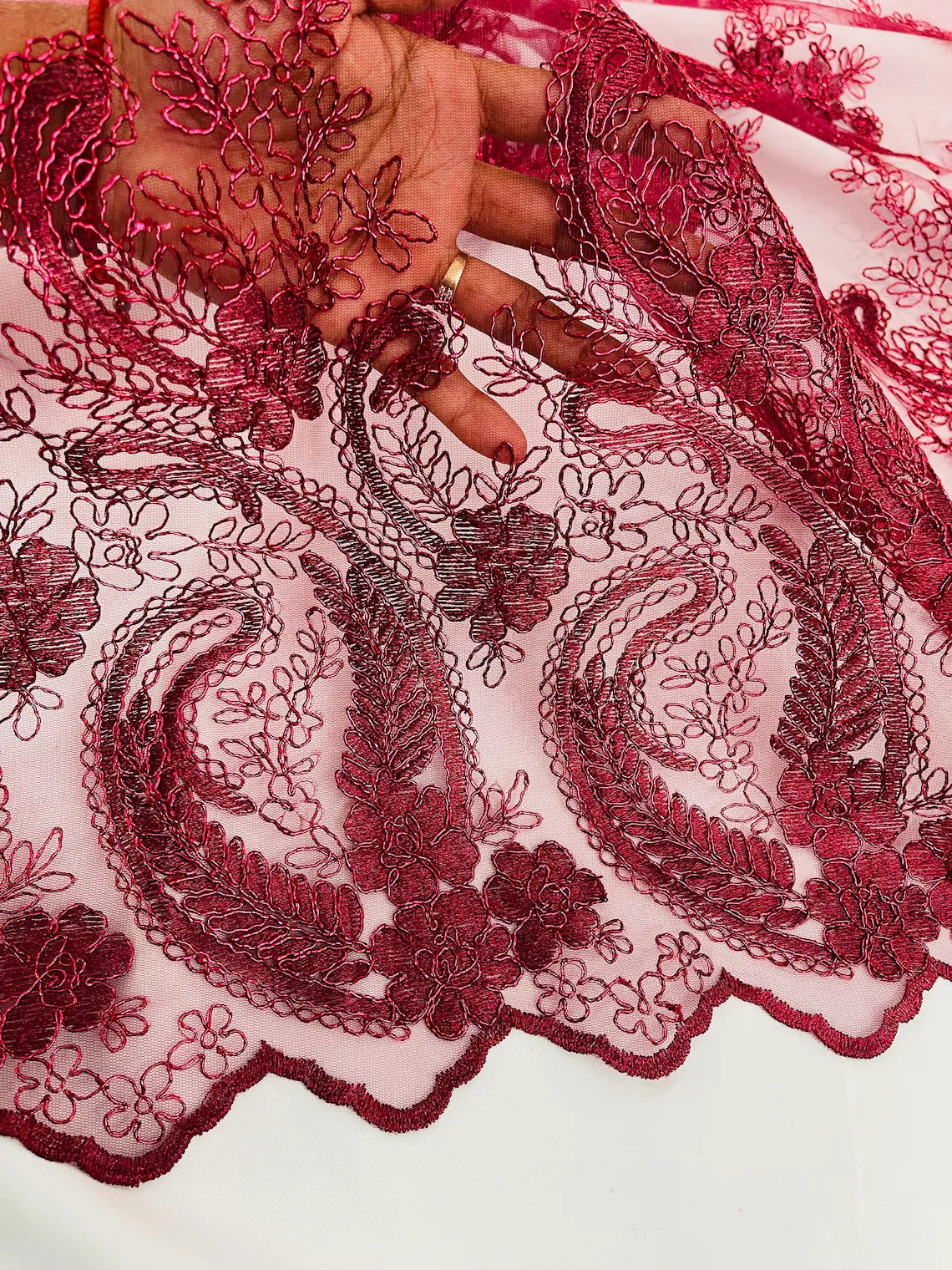 Metallic Corded Lace - Burgundy - Paisley Floral Fabric with Metallic Thread on a Mesh Lace By Yard