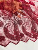 Metallic Corded Lace - Burgundy - Paisley Floral Fabric with Metallic Thread on a Mesh Lace By Yard