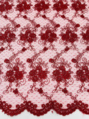Embroidered Flower Fabric - Burgundy - Floral Design Scalloped Border Fabric By Yard