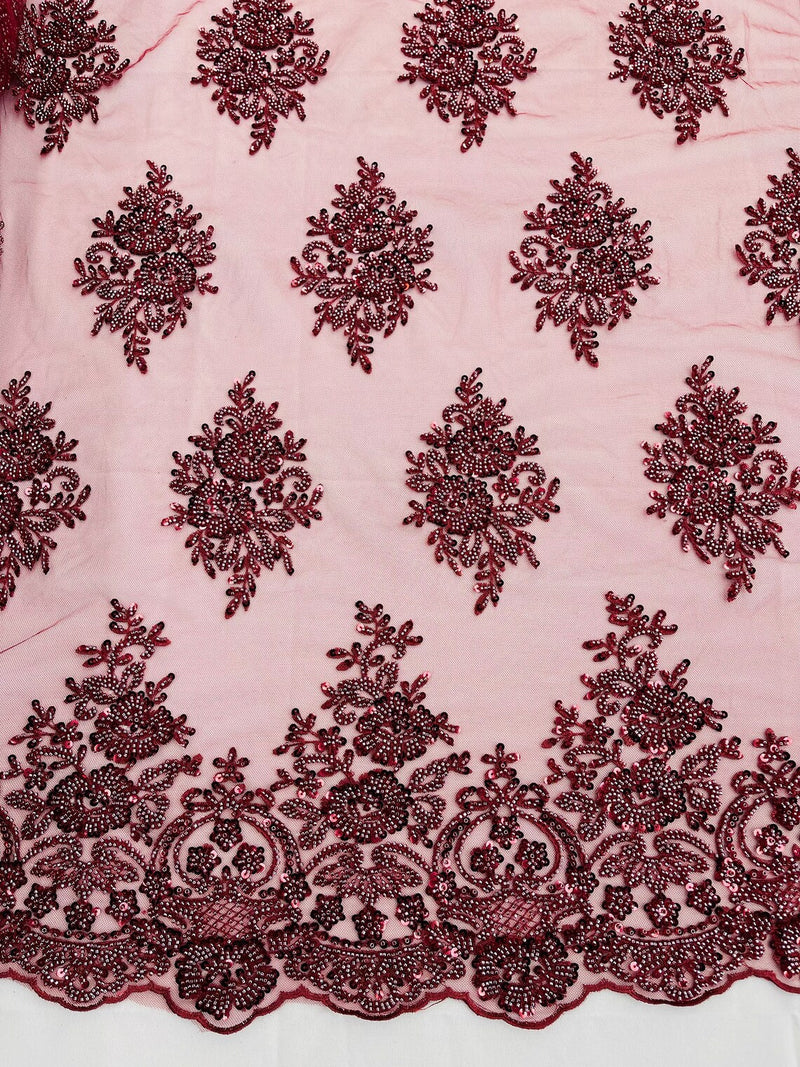 Heavy Beaded Floral Fabric - Burgundy - Luxury Heavy Duty Bead Bridal Floral Cluster Lace Fabric by the yard