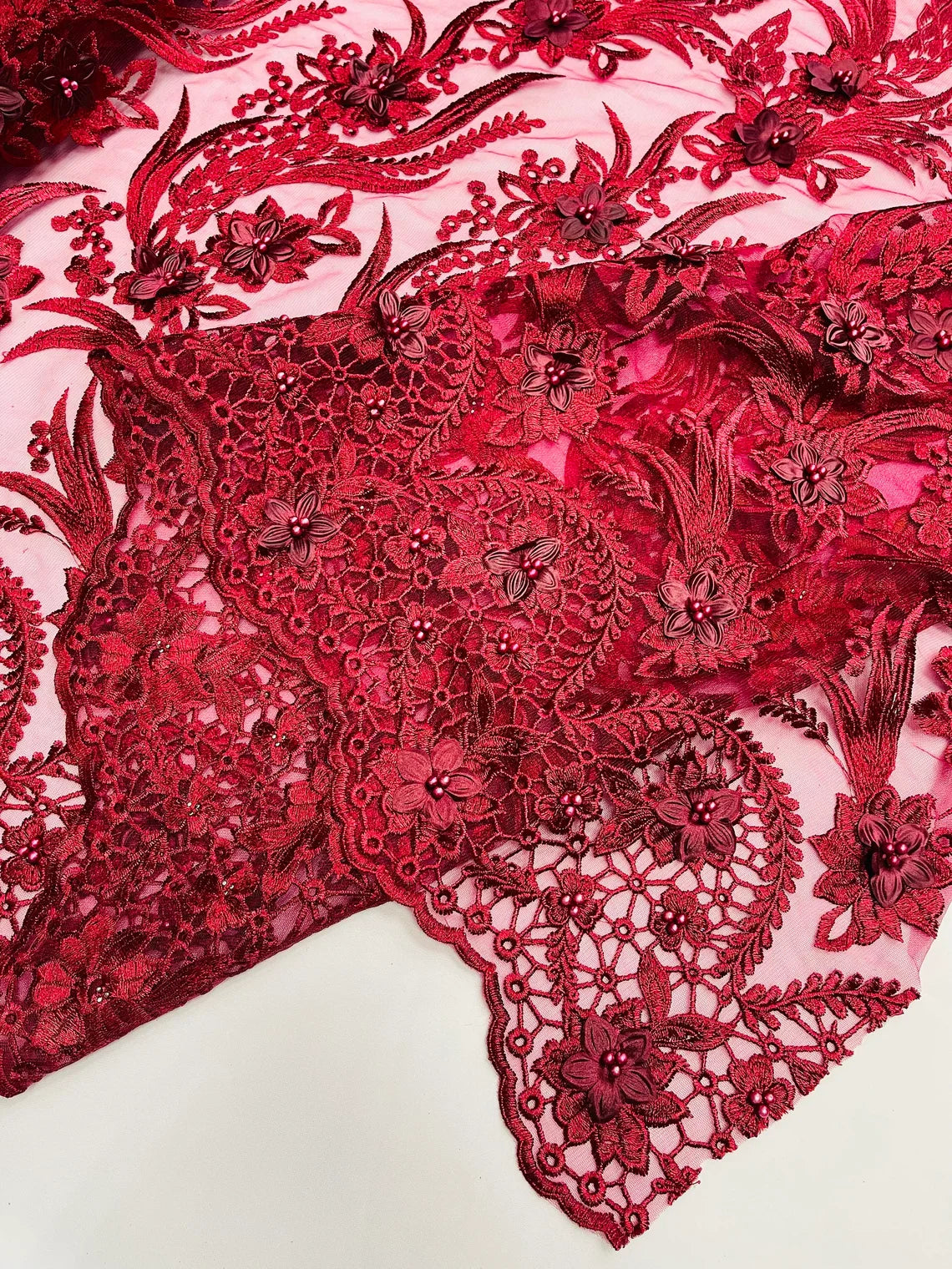 3D Floral Leaf Panels - Burgundy - Embroidered 3D Flower Lines with Pearls on Lace By Yard