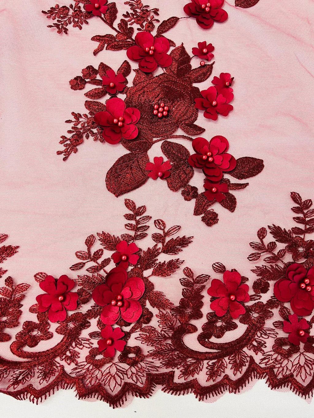 Floral 3D Rose Fabric - Burgundy - Embroided Rose Flower Design Fabric Sold by Yard