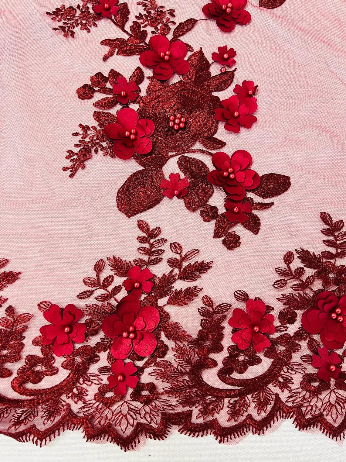 Floral 3D Rose Fabric - Burgundy - Embroided Rose Flower Design Fabric Sold by Yard