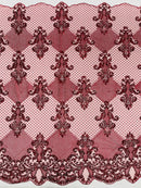 King Damask Design Fabric - Burgundy - Embroidered Corded Mesh Lace Fabric with Sequins By Yard