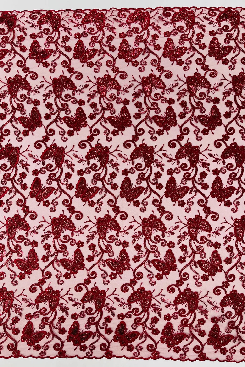 Butterfly Swirl Lace Fabric - Burgundy - Metallic Sequins Design on Lace Fabric By Yard
