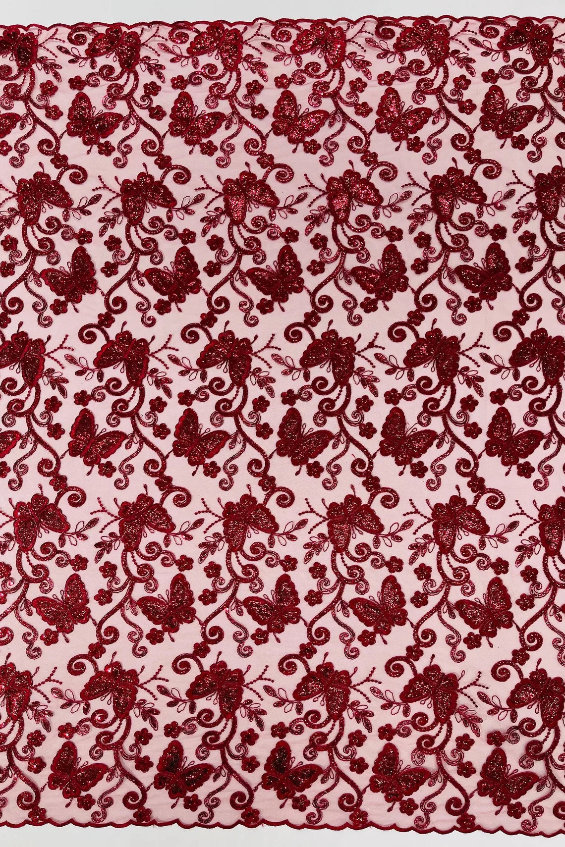 Butterfly Swirl Lace Fabric - Burgundy - Metallic Sequins Design on Lace Fabric By Yard