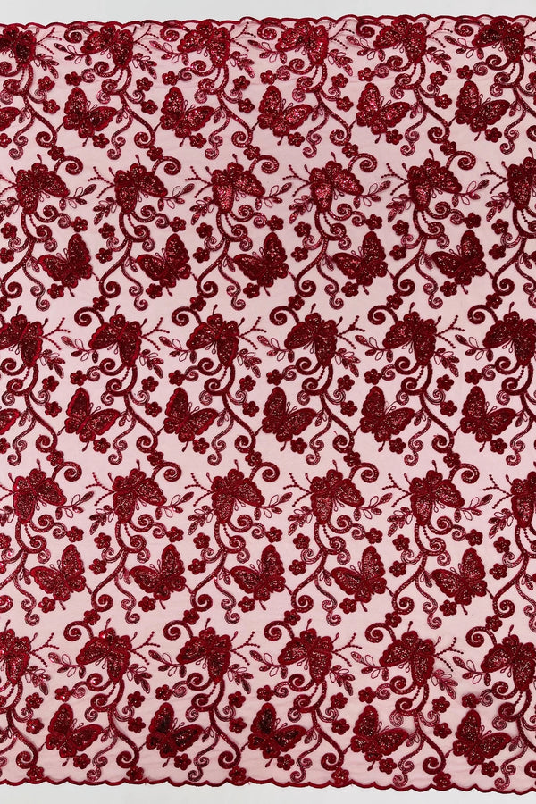 Butterfly Swirl Lace Fabric - Burgundy - Metallic Sequins Design on Lace Fabric By Yard