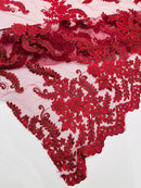 Long Leaf Designs Lace Fabric - Burgundy - Embroidered Braid Leaf Pattern on Lace Mesh Fabric By Yard