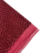 Diamond Sequins Fabric - Burgundy - Diamond Geometric Net Design on Mesh Lace Fabric By Yard