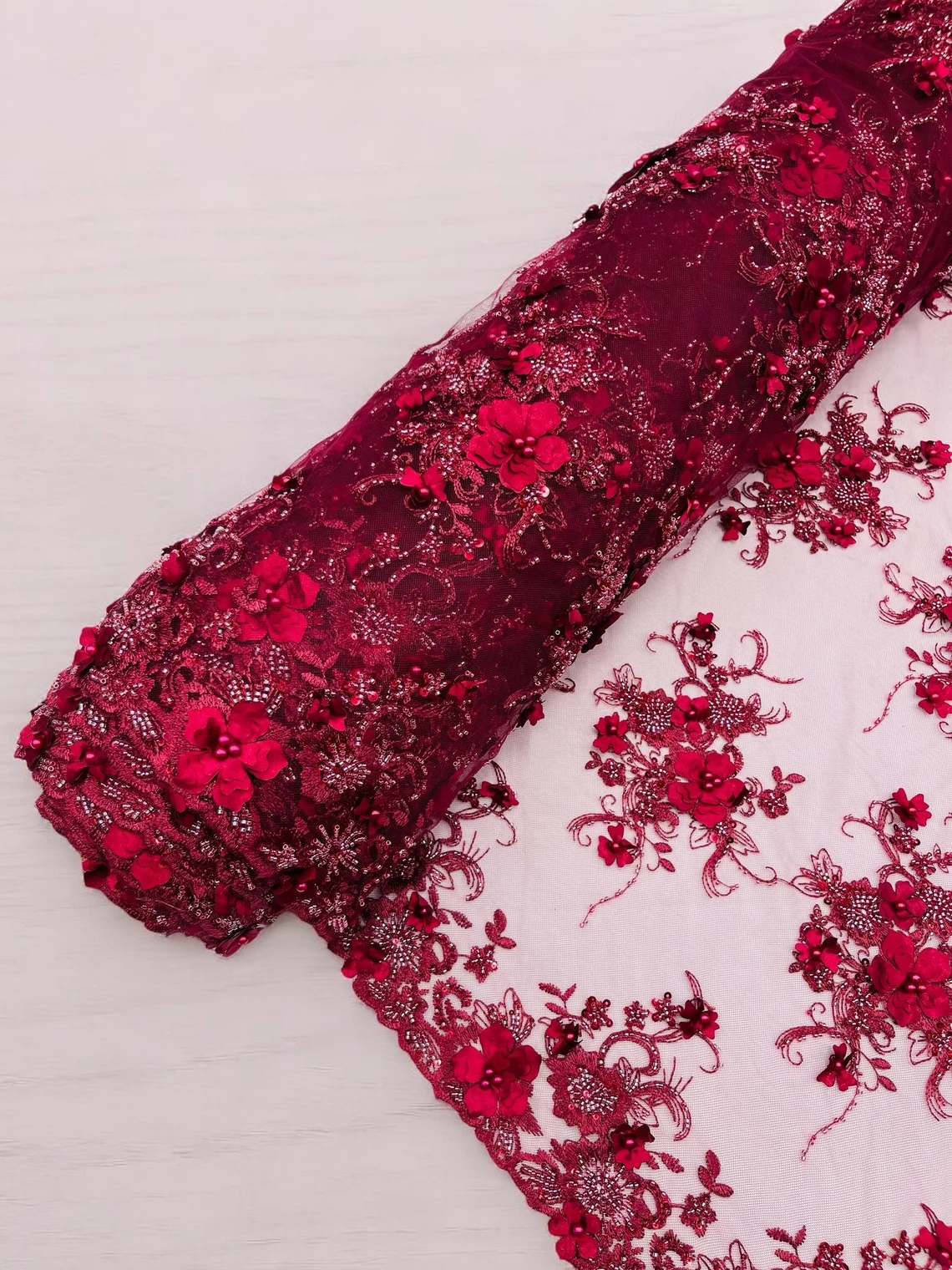 3D Flower Sequins Design - Burgundy - Embroidered Pearl Sequins Floral Clusters Lace Fabric By Yard