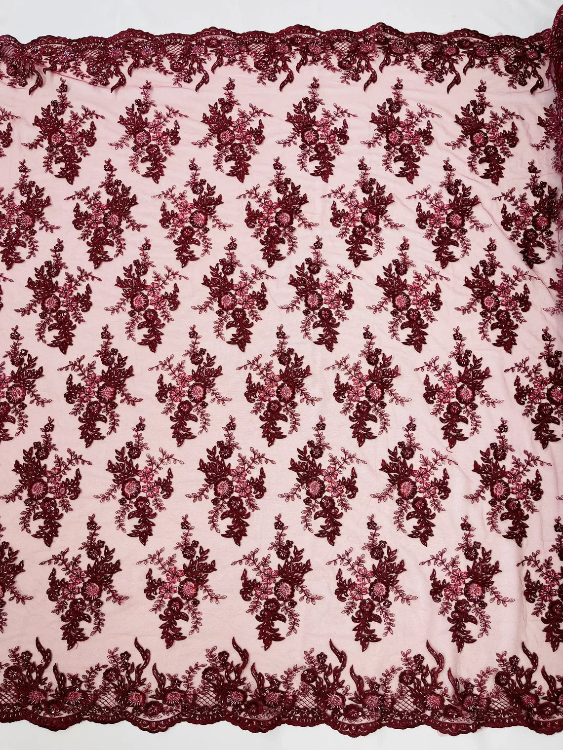 Beaded Flower Sequins Fabric - Burgundy - Embroidered Beaded Floral Clusters Sequins Fabric By Yard