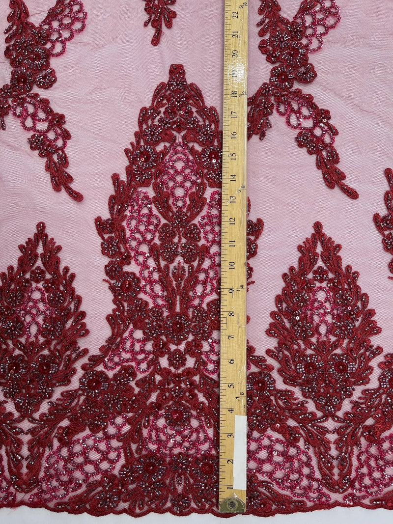Heavy Bead Floral Fabric - Burgundy - Beaded Flower Design Fabric Fancy Border By Yard