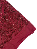 Curvy Line Design Fabric - Burgundy - 4 Way Stretch Sequins Design Mesh Lace Fabric by Yard