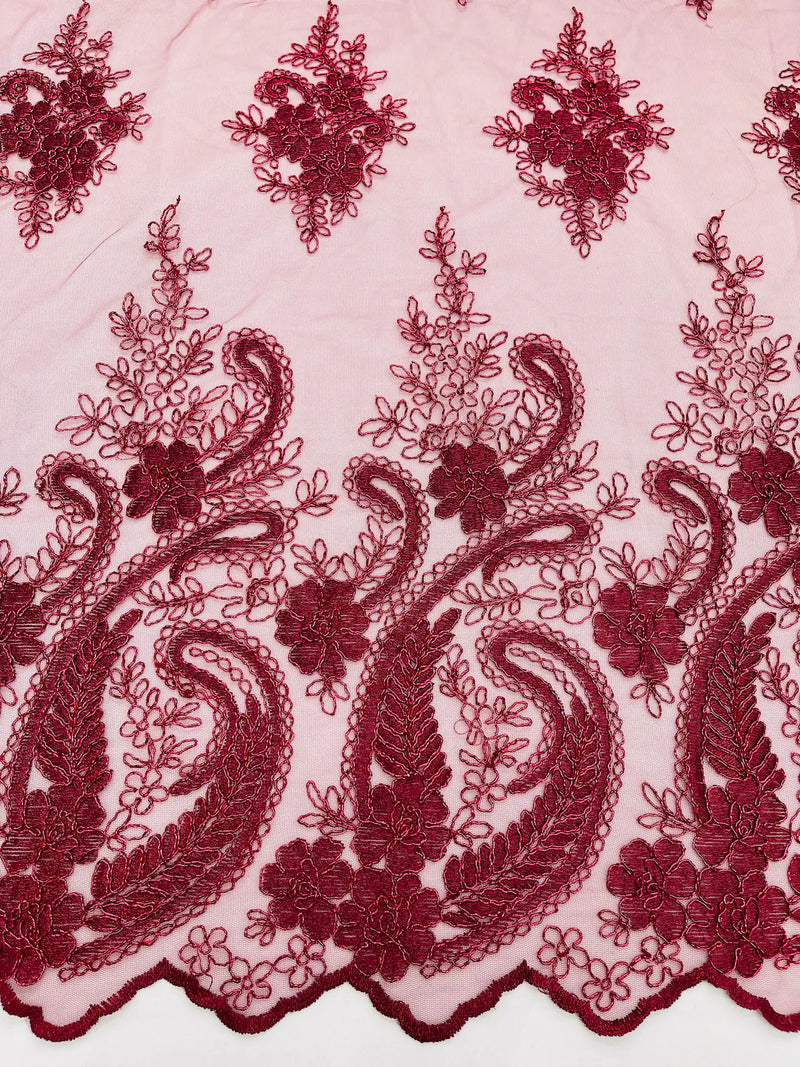 Metallic Corded Lace - Burgundy - Paisley Floral Fabric with Metallic Thread on a Mesh Lace By Yard