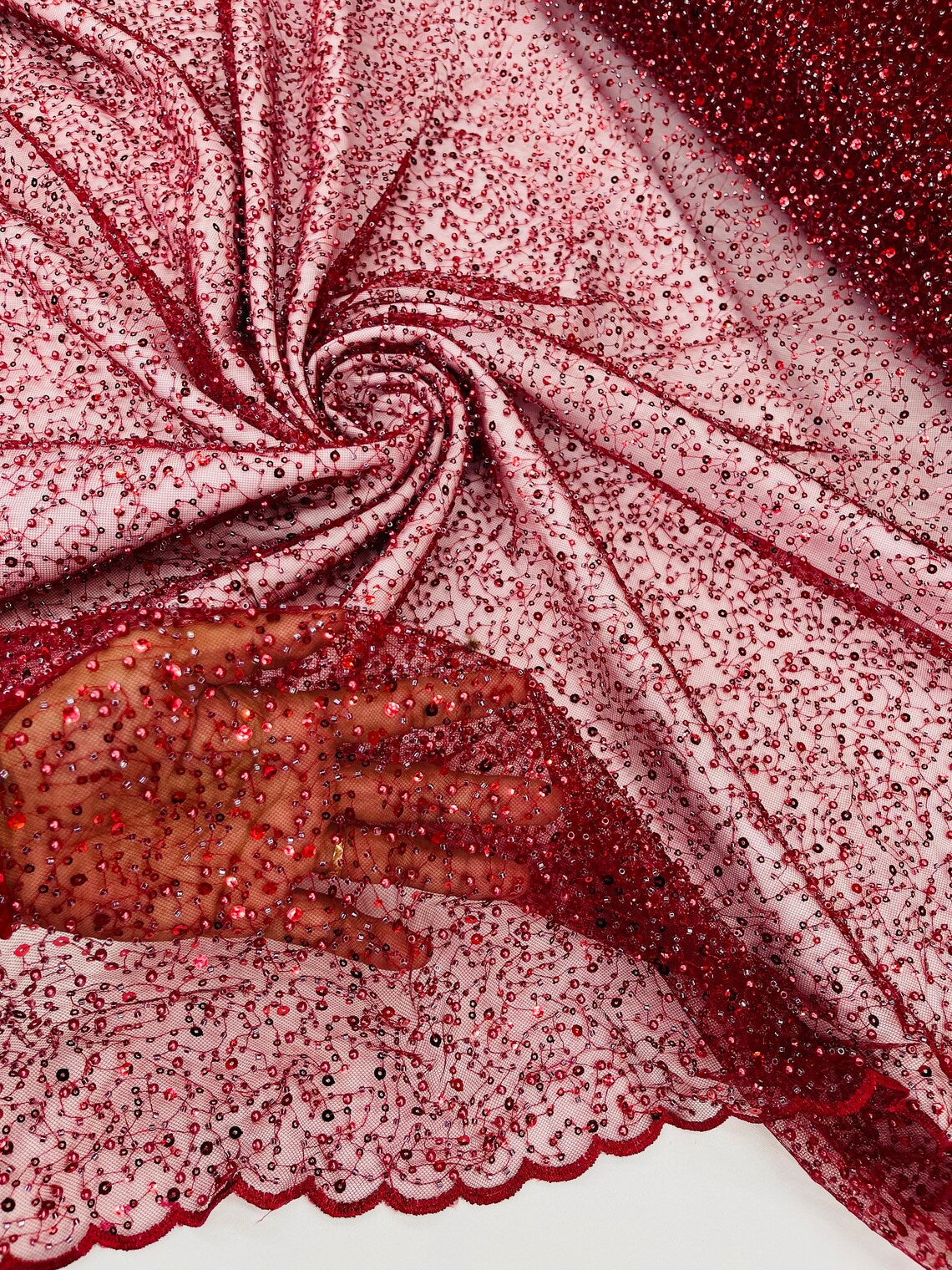 3D Beaded Mesh Fabric - Burgundy - Embroidered Beaded Lace Mesh Fabric with Small Sequins Sold By Yard