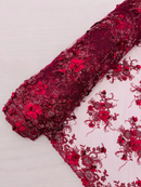 3D Flower Sequins Design - Burgundy - Embroidered Pearl Sequins Floral Clusters Lace Fabric By Yard