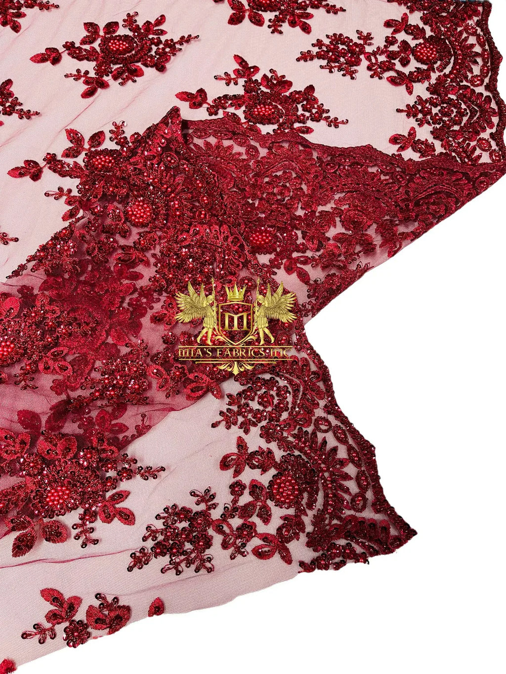 Floral Beaded Fabric - Burgundy - Embroidered Beaded Flowers Cluster Design on a Mesh Sold By Yard