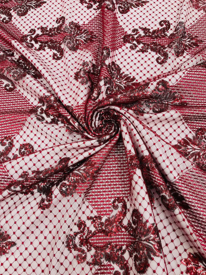 King Damask Design Fabric - Burgundy - Embroidered Corded Mesh Lace Fabric with Sequins By Yard