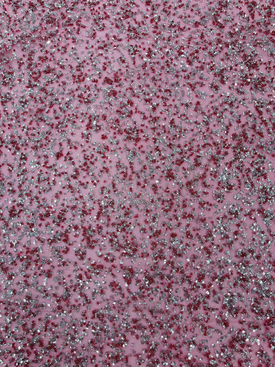 Beads and Sequins Lace - Burgundy / Silver - Embroidered Beads and Sequins on Lace Mesh Fabric By Yard