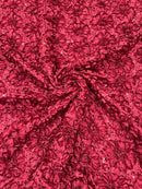 Satin Rosette Sequins Fabric - Burgundy - 3D Rosette Satin Rose Fabric with Sequins By Yard