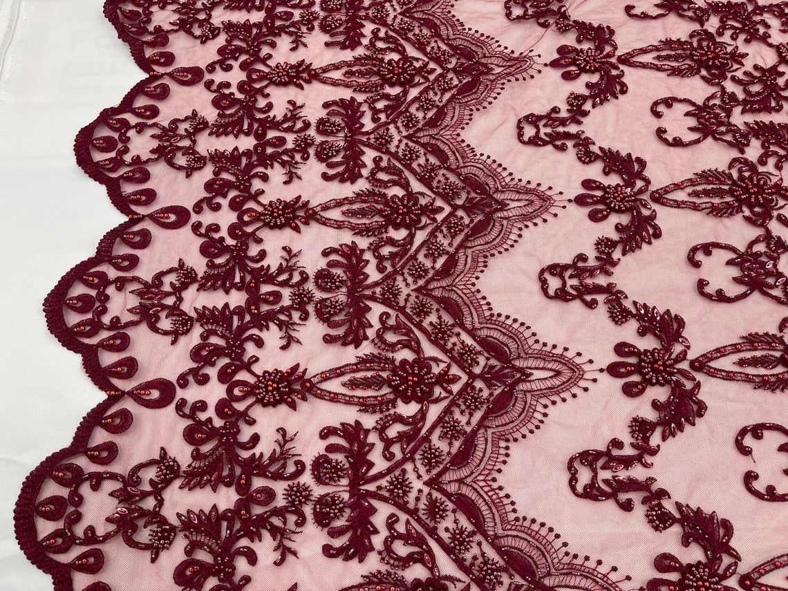 Damask Bead Fabric - Burgundy - Embroidered Glamorous Fabric with Round Beads Sold By Yard