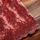 Floral Leaf Beaded Fabric - Burgundy - Embroidered Flower Leaf Design Beaded Fabric By Yard