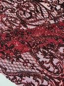 Heart Damask Sequins - Burgundy - 4 Way Stretch Elegant Shiny Sequins Fabric By Yard