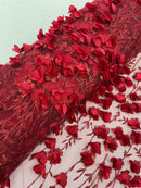 3D Flower Glitter Fabric - Burgundy - Flower Design on Glitter Mesh Fabric Sold By Yard