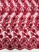 3D Floral Leaf Panels - Burgundy - Embroidered 3D Flower Lines with Pearls on Lace By Yard