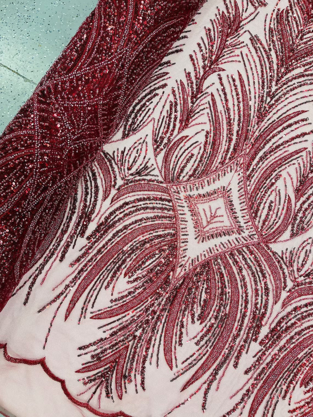 Beaded Lines Fabric - Burgundy - Luxury Beads and Sequins Line Design Fabric By Yard