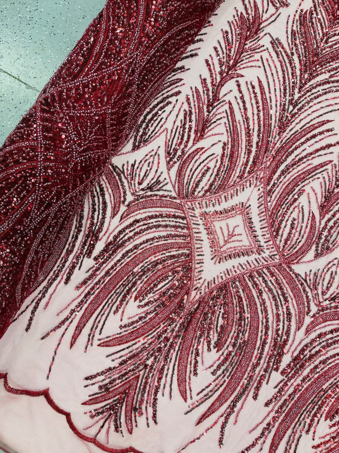 Beaded Lines Fabric - Burgundy - Luxury Beads and Sequins Line Design Fabric By Yard