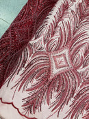 Beaded Lines Fabric - Burgundy - Luxury Beads and Sequins Line Design Fabric By Yard