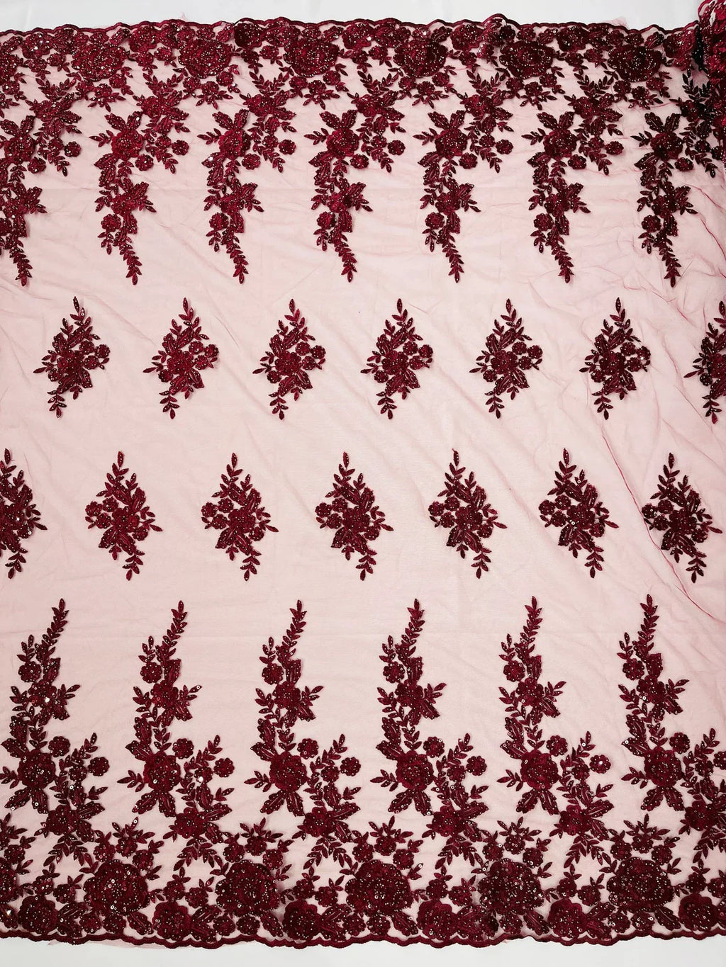 Beaded Rose Flower Fabric - Burgundy - Embroidered Beaded Long Border Floral Fabric By Yard