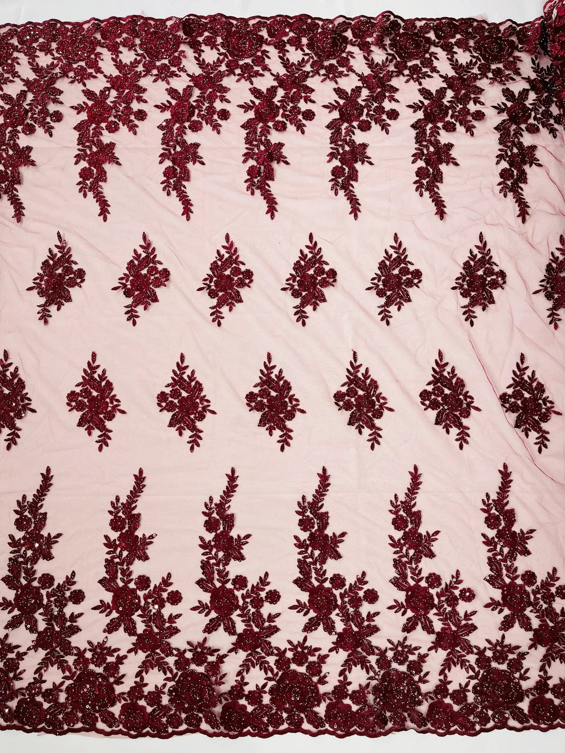 Beaded Rose Flower Fabric - Burgundy - Embroidered Beaded Long Border Floral Fabric By Yard