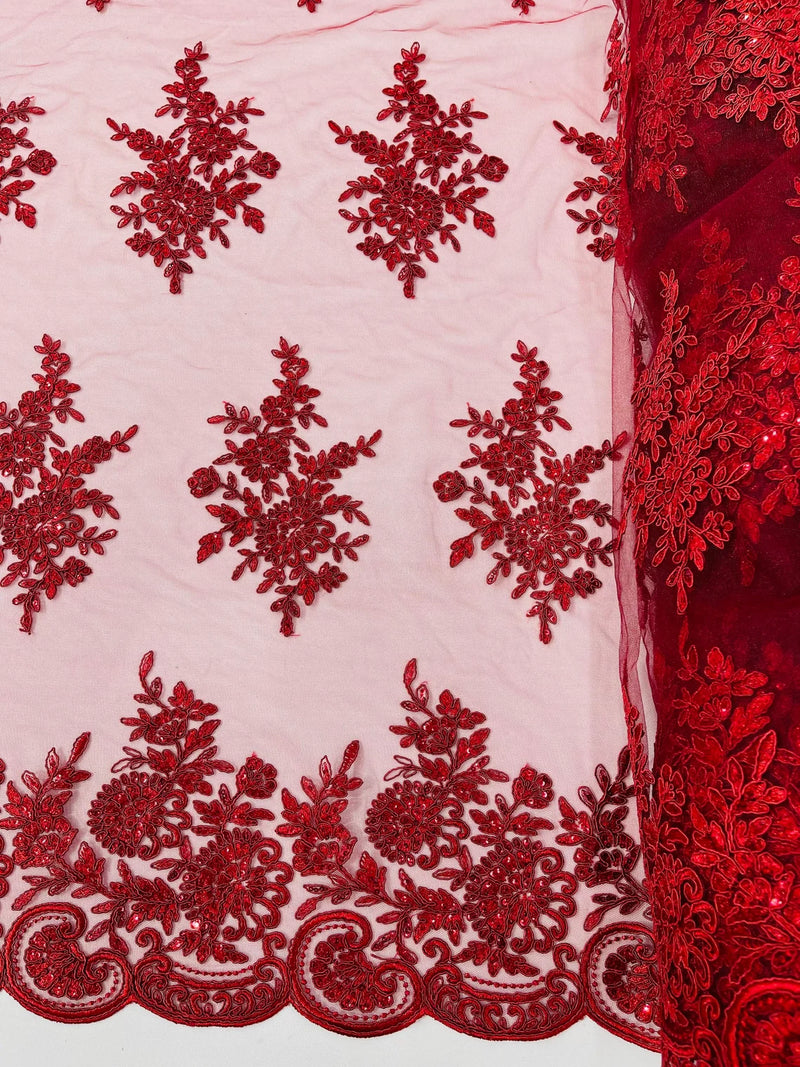 Floral Lace Flower Fabric - Burgundy - Floral Embroidered Fabric with Sequins on Lace By Yard