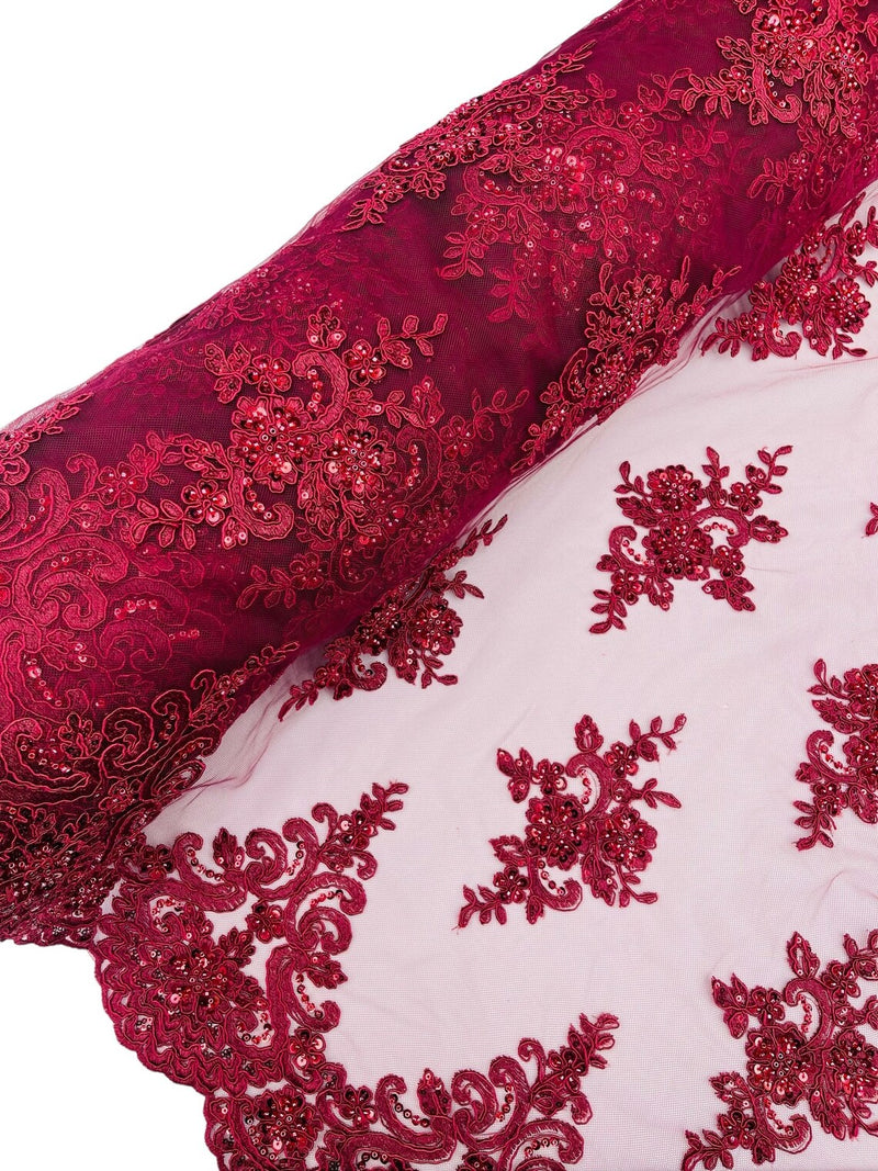 Beaded Floral Fabric - Burgundy - Floral Cluster Design Fabric with Damask Border by Yard
