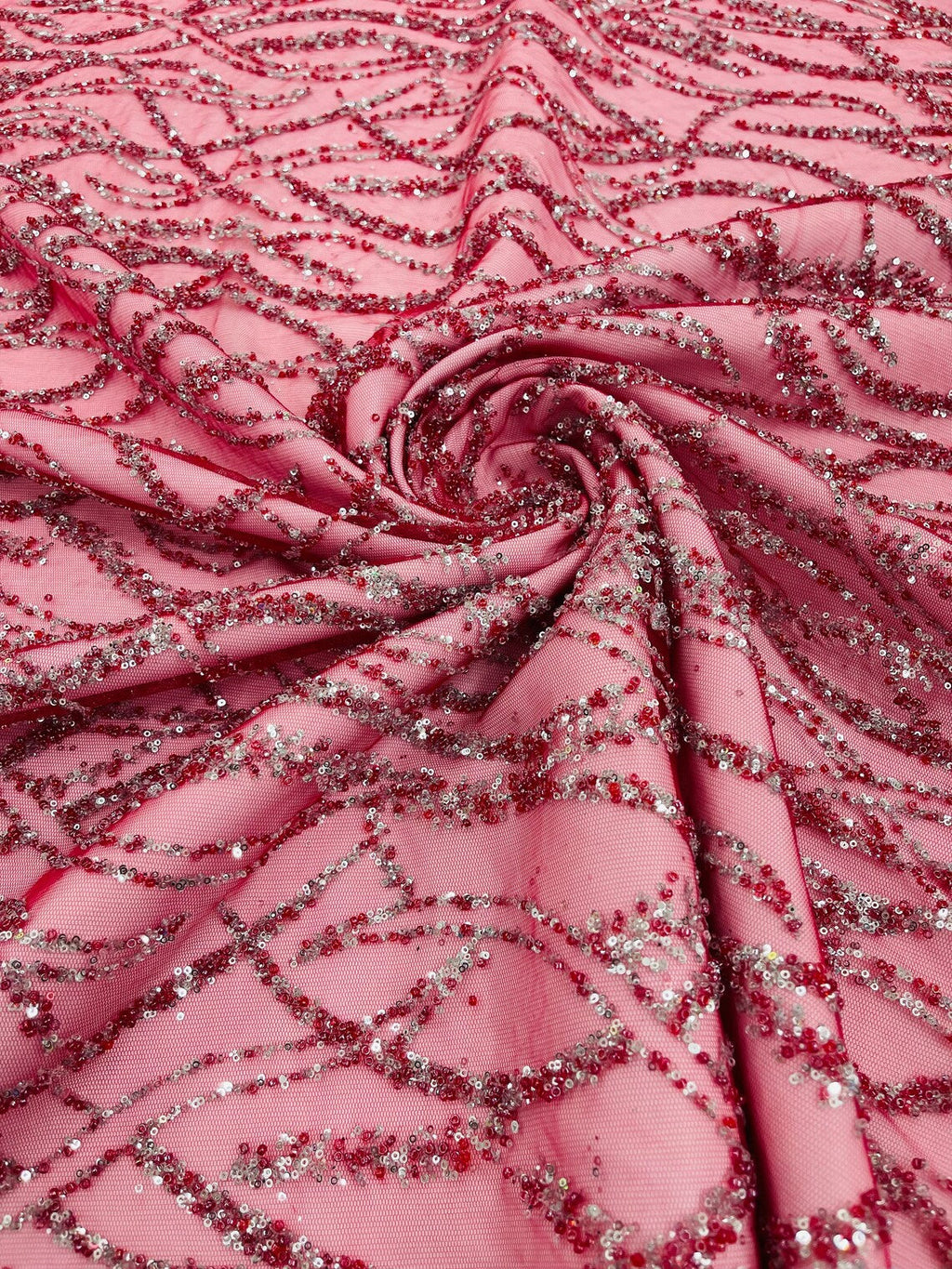 Glitter Wavy Bead Fabric - Burgundy - Sequins, Bead, Glitter Design on Lace Fabric By Yard