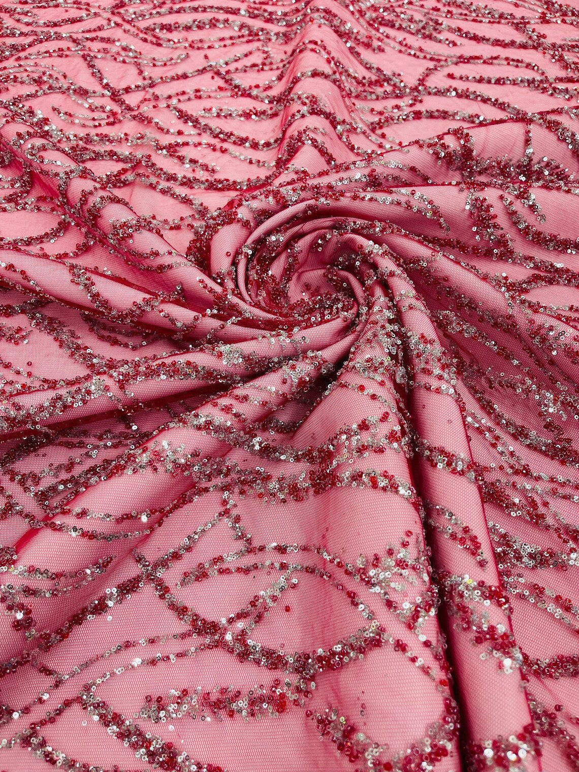 Glitter Wavy Bead Fabric - Burgundy - Sequins, Bead, Glitter Design on Lace Fabric By Yard